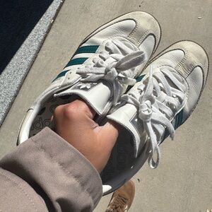 Adidas White Sambas Sneakers with Teal Stripes